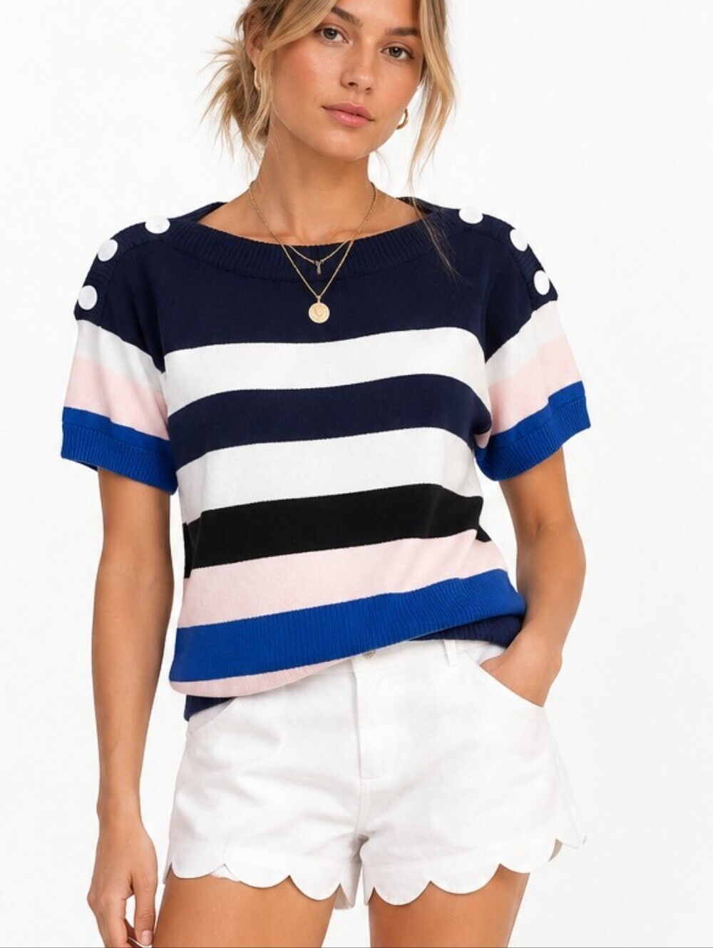 Cabi Navy Blue Pale Pink Stripe Knit Top. 5448